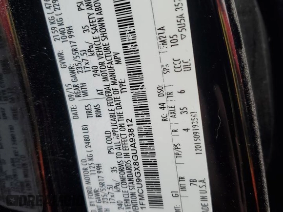 2016 Ford Escape SE with VIN 1FMCU9GX8GUA93812, listed as a Copart auction lot 52970275 with Not Provided miles and Salvage Title. Bid and sale history available at DreamBid. Image 15.
