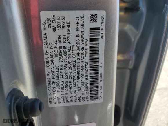 2020 Honda CR-V EX with VIN 2HKRW1H51LH423737, listed as a Copart auction lot 49885875 with 65,297 mi miles and Salvage Title. Bid and sale history available at carsss.com. Image 13.