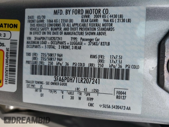 2020 Ford Fusion SE with VIN 3FA6P0H71LR207241, listed as a Copart auction lot 58347785 with 92,375 mi miles and Salvage title. Bid and sale history available at DreamBid. Image 12.