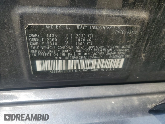 2013 Subaru Legacy Premium with VIN 4S3BMBG64D3040685, listed as a Copart auction lot 59692315 with Not provided miles and Salvage title. Bid and sale history available at DreamBid. Image 13.