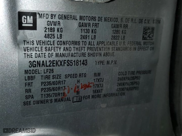 2015 Chevrolet Captiva Sport Fleet LS with VIN 3GNAL2EKXFS518143, listed as a Copart auction lot 56932544 with 183,279 mi miles and Clean Title. Bid and sale history available at carsss.com. Image 13.