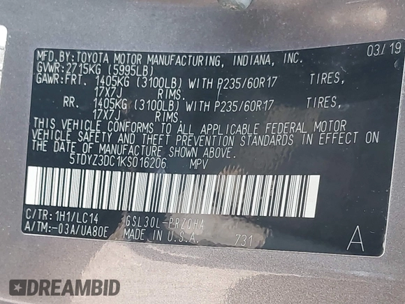 2019 Toyota Sienna XLE Auto Access Seat с VIN 5TDYZ3DC1KS016206, выставлен на аукционе IAAI как лот 42475832 с пробегом 114 048 миль миль и . История ставок и продаж доступна на DreamBid. Изображение 9.