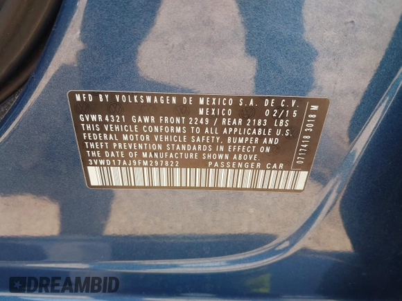 2015 Volkswagen Jetta Sport with VIN 3VWD17AJ9FM297822, listed as a IAAI auction lot 42621800 with 99,966 mi miles and . Bid and sale history available at DreamBid. Image 9.