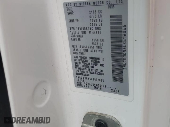 2020 Nissan NV200 S with VIN 3N6CM0KN5LK692065, listed as a Copart auction lot 47119005 with 123,991 mi miles and Salvage title. Bid and sale history available at DreamBid. Image 15.