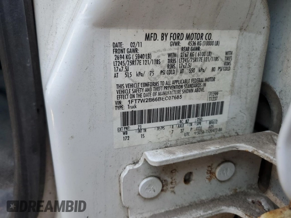 2011 Ford F-250 XL with VIN 1FT7W2B66BEC07685, listed as a Copart auction lot 62427355 with 380,014 mi miles and Clean title. Bid and sale history available at DreamBid. Image 13.