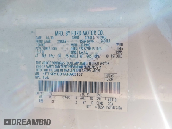 2010 Ford Ranger XL with VIN 1FTKR1ED1APA65187, listed as a IAAI auction lot 41594730 with Not provided miles and . Bid and sale history available at DreamBid. Image 9.