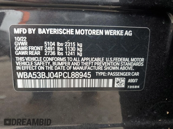 2023 BMW 5 Series 540i with VIN WBA53BJ04PCL88945, listed as a Copart auction lot 51529275 with Not provided miles and Salvage title. Bid and sale history available at DreamBid. Image 14.