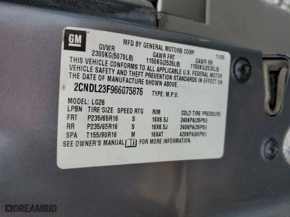2006 Chevrolet Equinox LS with VIN 2CNDL23F966075876, listed as a Copart auction lot 41822695 with 215,034 mi miles and Salvage Title. Bid and sale history available at carsss.com. Image 13.