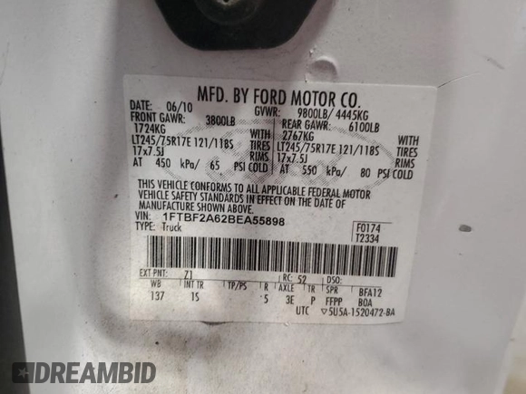 2011 Ford F-250 XL with VIN 1FTBF2A62BEA55898, listed as a Copart auction lot 54906975 with 151,512 mi miles and Clean title. Bid and sale history available at DreamBid. Image 12.