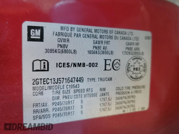 2007 GMC Sierra 1500 SLE1 z VIN 2GTEC13J571647449, wystawiony jako Copart lot #47863395 z przebiegiem 340 747 mil mil oraz Szkoda całkowita • Salvage title. Historia ofert i sprzedaży dostępna na DreamBid. Obrazek 12.
