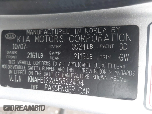 2008 Kia Spectra EX with VIN KNAFE122885522404, listed as a IAAI auction lot 41918687 with 127,060 mi miles. Bid and sale history available at carsss.com. Image 9.