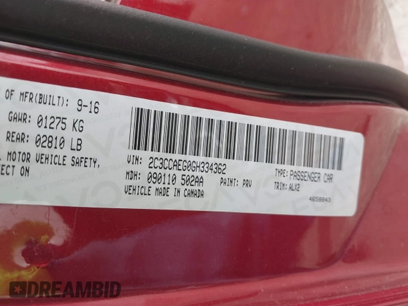 2016 Chrysler 300 with VIN 2C3CCAEG0GH334362, listed as a IAAI auction lot 41736016 with 57,416 mi miles. Bid and sale history available at carsss.com. Image 9.