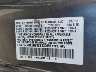 2012 Honda Odyssey Touring with VIN 5FNRL5H93CB130097, listed as a Copart auction lot 47445765 with 0 mi miles and Non Repairable. Bid and sale history available at carsss.com. Image 13.