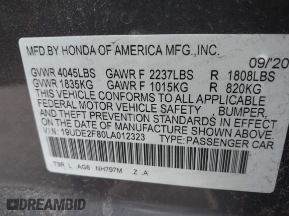 2020 Acura ILX w/Premium/A-SPEC Pkg with VIN 19UDE2F80LA012323, listed as a IAAI auction lot 41722118 with 32,325 mi miles. Bid and sale history available at carsss.com. Image 9.