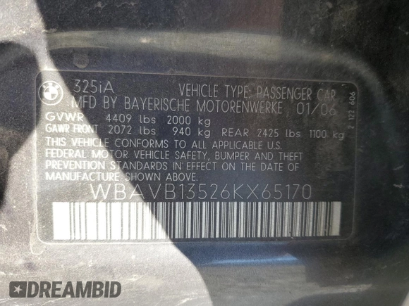 2006 BMW 3 Series 325i with VIN WBAVB13526KX65170, listed as a Copart auction lot 73388364 with 0 mi miles and Salvage Title. Bid and sale history available at carsss.com. Image 12.