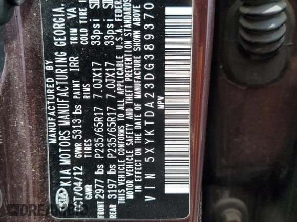 2013 Kia Sorento LX with VIN 5XYKTDA23DG389370, listed as a Copart auction lot 60645535 with 176,393 mi miles and Salvage title. Bid and sale history available at DreamBid. Image 13.