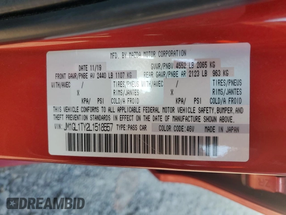 2020 Mazda 6 Grand Touring with VIN JM1GL1TY2L1518557, listed as a Copart auction lot 41402285 with 158,769 mi miles and Salvage Title. Bid and sale history available at DreamBid. Image 12.