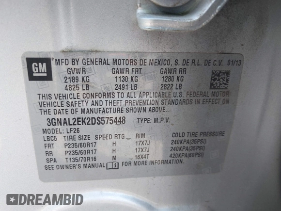 2013 Chevrolet Captiva Sport LS with VIN 3GNAL2EK2DS575448, listed as a IAAI auction lot 41979847 with 103,199 mi miles and . Bid and sale history available at DreamBid. Image 9.