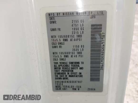 2016 Nissan NV200 S z VIN 3N6CM0KN2GK697987, wystawiony jako IAAI lot #41784747 z przebiegiem Nie podano mil oraz . Historia ofert i sprzedaży dostępna na DreamBid. Obrazek 9.