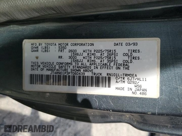 1993 Toyota Pickup DX z VIN JT4RN01P3P7060439, wystawiony jako Copart lot #57356125 z przebiegiem 259 773 mil mil oraz Szkoda całkowita • Salvage title. Historia ofert i sprzedaży dostępna na DreamBid. Obrazek 12.
