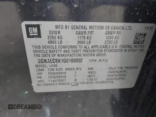 2016 Chevrolet Equinox LT with VIN 2GNALCEK1G6180802, listed as a IAAI auction lot 42156712 with 143,993 mi miles and . Bid and sale history available at carsss.com. Image 9.