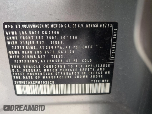 2023 Volkswagen Tiguan S with VIN 3VVFB7AXXPM103928, listed as a Copart auction lot 57119895 with 13,820 mi miles and Salvage title. Bid and sale history available at DreamBid. Image 14.