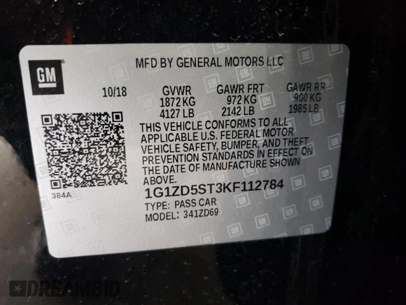 2019 Chevrolet Malibu LT with VIN 1G1ZD5ST3KF112784, listed as a Copart auction lot 55143335 with 122,987 mi miles and Salvage Title. Bid and sale history available at DreamBid. Image 13.