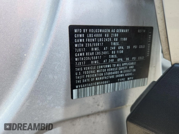 2014 Volkswagen Tiguan SE with VIN WVGAV3AX3EW590861, listed as a Copart auction lot 58517535 with 68,481 mi miles and Salvage title. Bid and sale history available at DreamBid. Image 12.