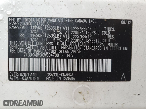 2012 Toyota RAV4 Limited with VIN 2T3DK4DVXCW084790, listed as a Copart auction lot 61289935 with Not provided miles and Clean title. Bid and sale history available at DreamBid. Image 13.
