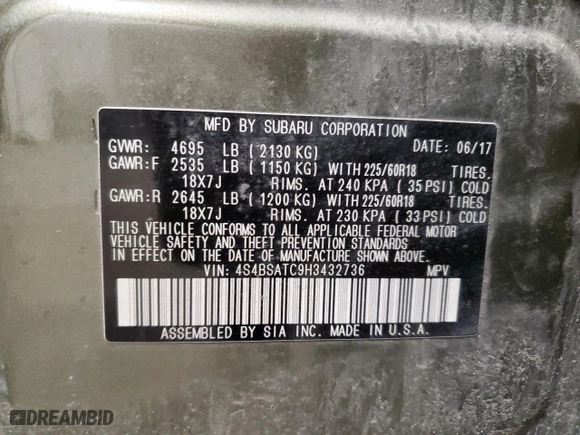 2017 Subaru Outback Touring with VIN 4S4BSATC9H3432736, listed as a Copart auction lot 51815825 with 114,157 mi miles and Salvage Title. Bid and sale history available at carsss.com. Image 13.