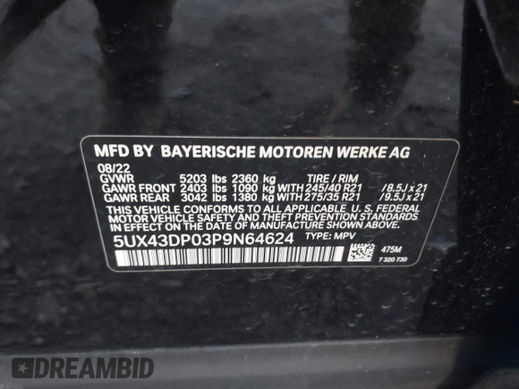2023 BMW X3 sDrive30i z VIN 5UX43DP03P9N64624, wystawiony jako IAAI lot #41375547 z przebiegiem 28 149 mil mil oraz . Historia ofert i sprzedaży dostępna na DreamBid. Obrazek 9.