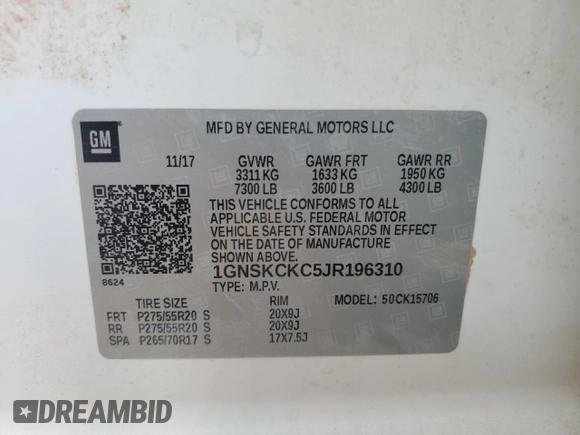 2018 Chevrolet Tahoe Premier with VIN 1GNSKCKC5JR196310, listed as a Copart auction lot 48050205 with 101,300 mi miles and Salvage title. Bid and sale history available at DreamBid. Image 14.