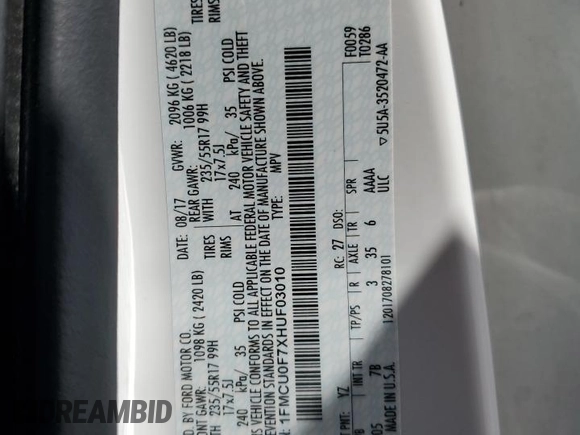 2017 Ford Escape S с VIN 1FMCU0F7XHUF03010, выставлен на аукционе Copart как лот 55399995 с пробегом 91 382 миль миль и Списание • Salvage title. История ставок и продаж доступна на DreamBid. Изображение 13.