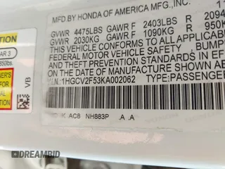 2019 Honda Accord EX-L with VIN 1HGCV2F53KA002062, listed as a IAAI auction lot 41455788 with 77,307 mi miles and . Bid and sale history available at DreamBid. Image 9.