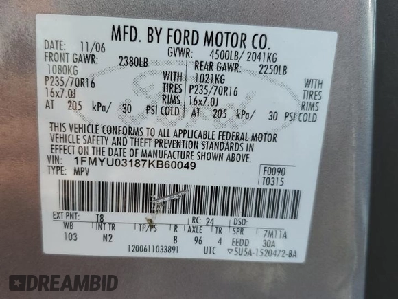 2007 Ford Escape XLT with VIN 1FMYU03187KB60049, listed as a Copart auction lot 74588994 with Not Provided miles and Non Repairable. Bid and sale history available at carsss.com. Image 14.