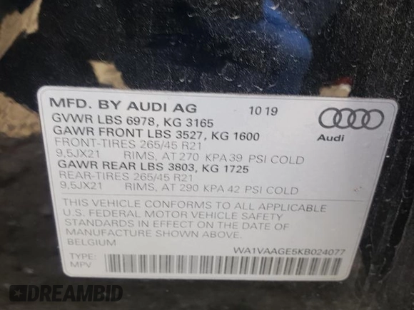 2019 Audi e-tron Prestige z VIN WA1VAAGE5KB024077, wystawiony jako Copart lot #69376182 z przebiegiem 34 077 mil mil oraz . Historia ofert i sprzedaży dostępna na DreamBid. Obrazek 13.