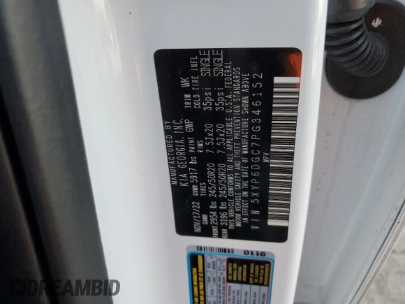 2023 Kia Telluride S with VIN 5XYP6DGC7PG346152, listed as a Copart auction lot 47249235 with 27,096 mi miles and Salvage Title. Bid and sale history available at DreamBid. Image 15.