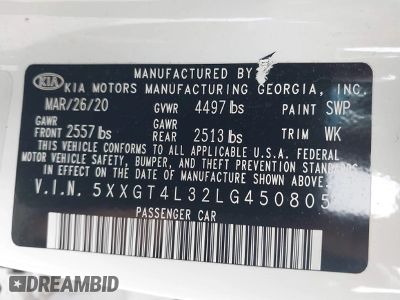 2020 Kia Optima LX with VIN 5XXGT4L32LG450805, listed as a IAAI auction lot 42300790 with 41,901 mi miles and . Bid and sale history available at DreamBid. Image 9.