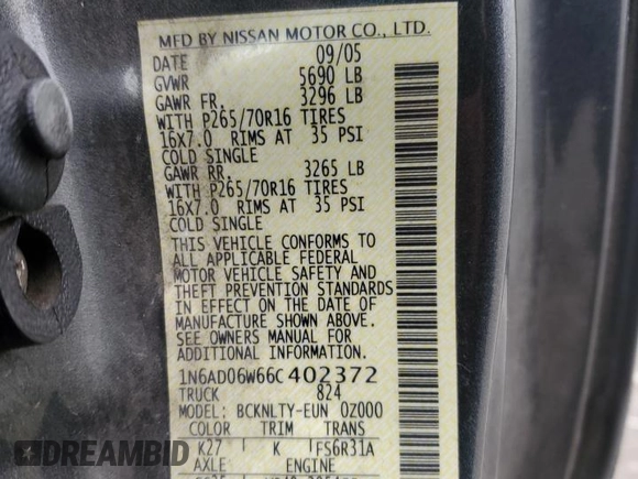 2006 Nissan Frontier SE with VIN 1N6AD06W66C402372, listed as a Copart auction lot 50069915 with 160,950 mi miles and Salvage title. Bid and sale history available at DreamBid. Image 12.