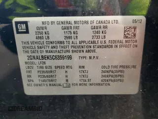 2012 Chevrolet Equinox LS with VIN 2GNALBEK5C6359199, listed as a Copart auction lot 50367145 with 178,200 mi miles and Salvage Title. Bid and sale history available at DreamBid. Image 15.