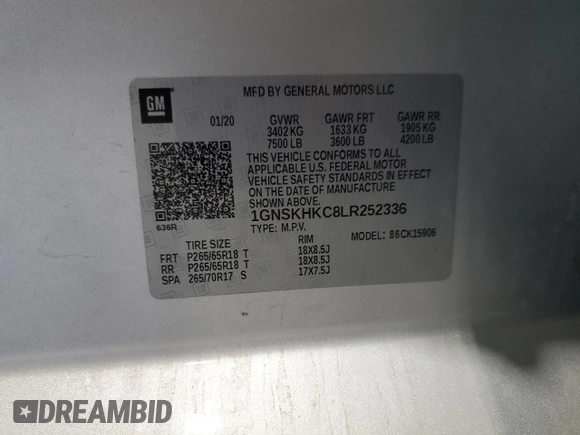 2020 Chevrolet Suburban LT with VIN 1GNSKHKC8LR252336, listed as a Copart auction lot 61094985 with 323,387 mi miles and Clean title. Bid and sale history available at DreamBid. Image 13.
