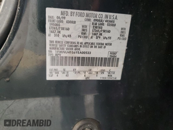2000 Ford Excursion XLT с VIN 1FMNU41S6YEA00533, выставлен на аукционе Copart как лот 60272655 с пробегом 197 541 миль миль и Чистый • Clean title. История ставок и продаж доступна на DreamBid. Изображение 12.