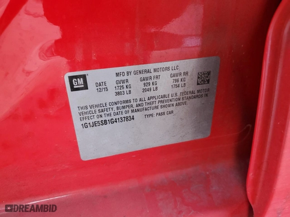 2016 Chevrolet Sonic LTZ with VIN 1G1JE5SB1G4137834, listed as a Copart auction lot 45125855 with 102,741 mi miles and Salvage Title. Bid and sale history available at carsss.com. Image 13.