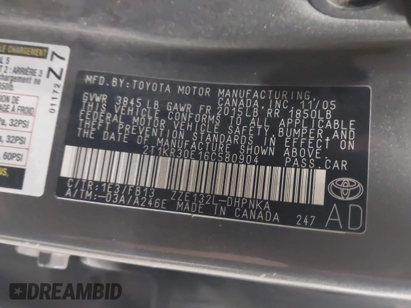 2006 Toyota Matrix STD with VIN 2T1KR30E16C580904, listed as a IAAI auction lot 42231572 with 245,251 mi miles and . Bid and sale history available at DreamBid. Image 9.