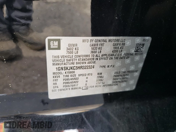 2017 Chevrolet Suburban Premier z VIN 1GNSKJKC3HR322324, wystawiony jako Copart lot #55039595 z przebiegiem 150 117 mil mil oraz Szkoda całkowita • Salvage title. Historia ofert i sprzedaży dostępna na DreamBid. Obrazek 14.