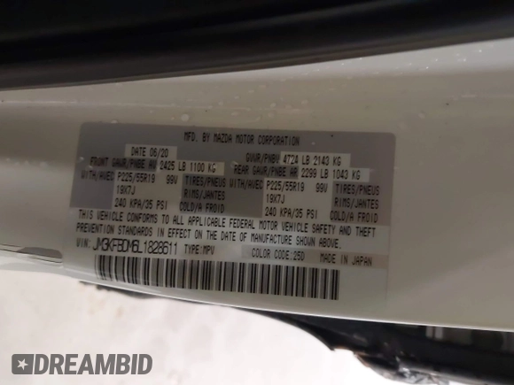 2020 Mazda CX-5 Grand Touring with VIN JM3KFBDM6L1828611, listed as a IAAI auction lot 42006976 with 59,939 mi miles and . Bid and sale history available at DreamBid. Image 9.