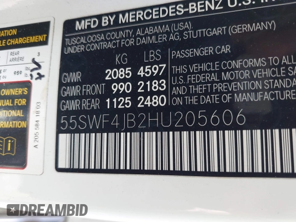 2017 Mercedes-Benz C 300 with VIN 55SWF4JB2HU205606, listed as a IAAI auction lot 42204344 with 88,162 mi miles and . Bid and sale history available at DreamBid. Image 9.