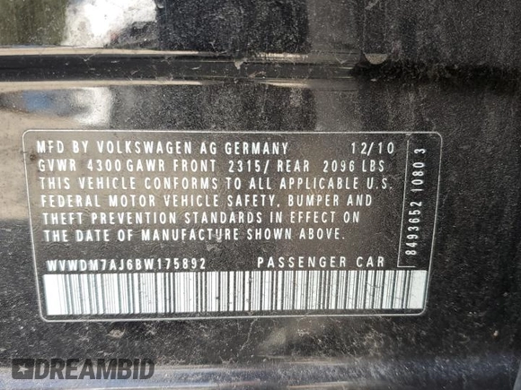 2011 Volkswagen Golf TDI z VIN WVWDM7AJ6BW175892, wystawiony jako Copart lot #47650205 z przebiegiem 88 864 mil mil oraz Szkoda całkowita • Salvage title. Historia ofert i sprzedaży dostępna na DreamBid. Obrazek 14.