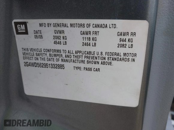 2005 Buick LaCrosse CXL z VIN 2G4WD562951332885, wystawiony jako IAAI lot #42080239 z przebiegiem 122 111 mil mil oraz . Historia ofert i sprzedaży dostępna na DreamBid. Obrazek 9.