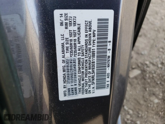 2014 Honda Odyssey Touring with VIN 5FNRL5H93EB118891, listed as a Copart auction lot 53172015 with 87,261 mi miles and Salvage Title. Bid and sale history available at carsss.com. Image 13.